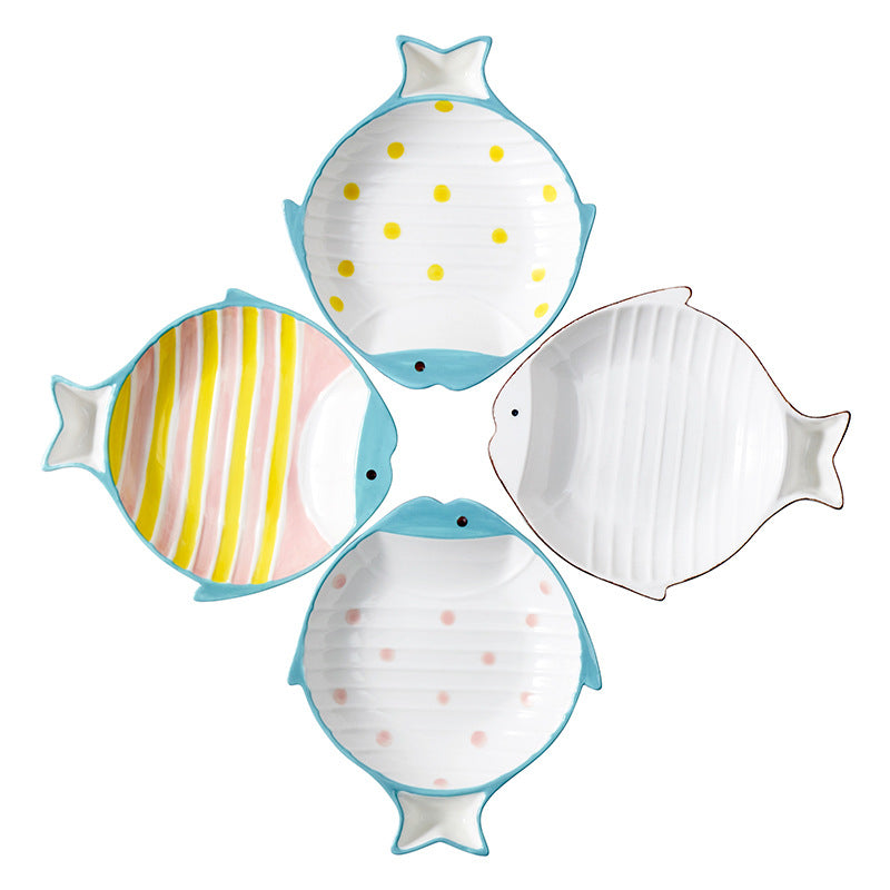 Fish-Shaped Ceramic Pet Food Feeding Bowl Plate Dish Set