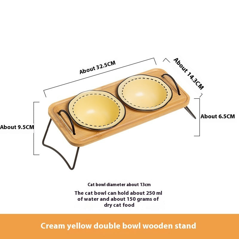 Pet Wooden Rack Ceramic Feeding Bowl Anti-Tumble Design