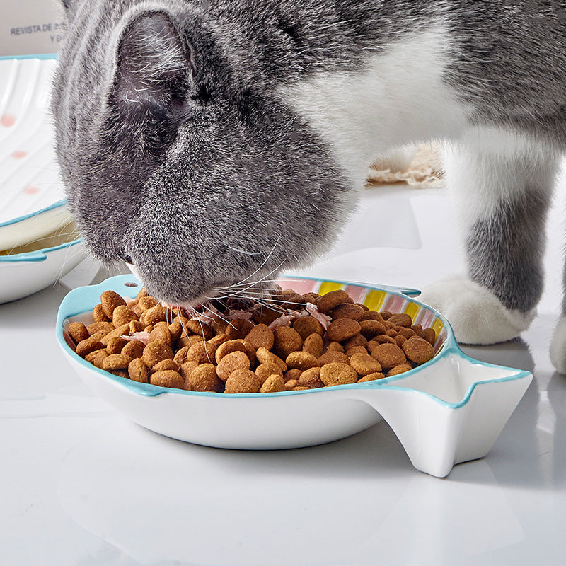Fish-Shaped Ceramic Pet Food Feeding Bowl Plate Dish Set