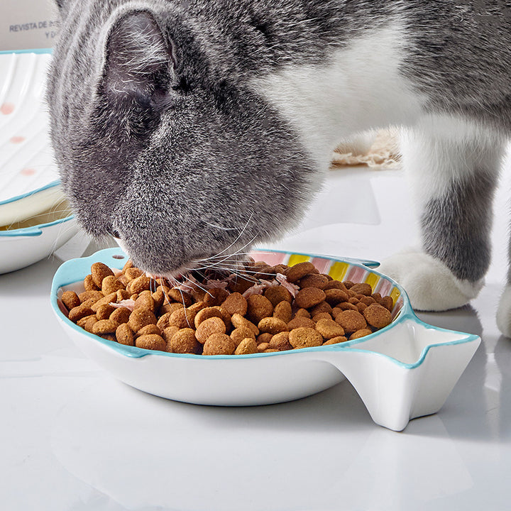 Fish-Shaped Ceramic Pet Food Feeding Bowl Plate Dish Set