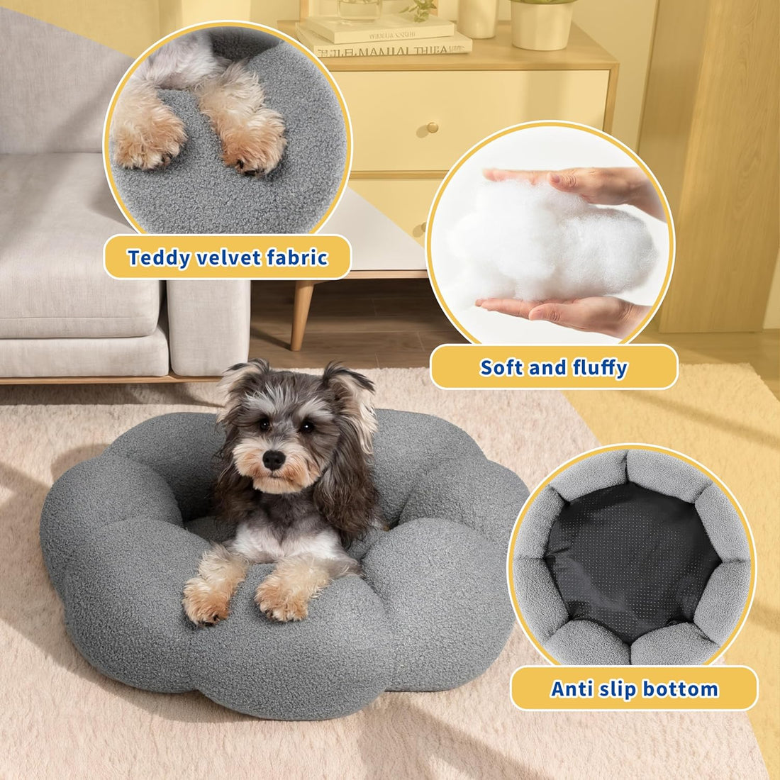 Pet Fluffy Flower Plush Donut Calming Round Bed