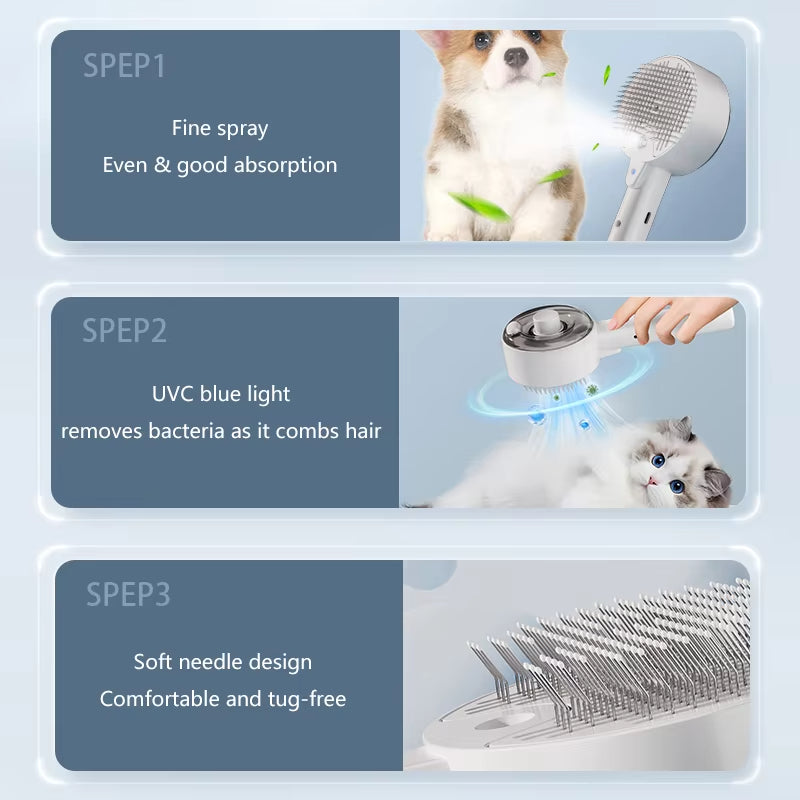 Electric Pet Steam Brush 3-in-1 Grooming And Massage Tool