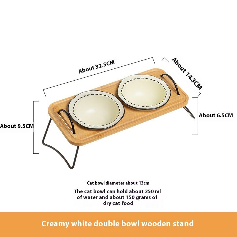 Pet Wooden Rack Ceramic Feeding Bowl Anti-Tumble Design