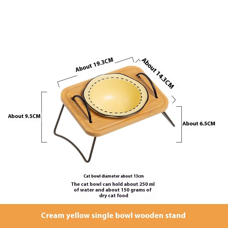 Pet Wooden Rack Ceramic Feeding Bowl Anti-Tumble Design