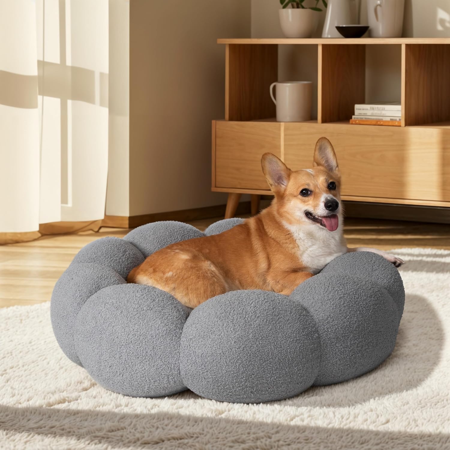 Pet Fluffy Flower Plush Donut Calming Round Bed