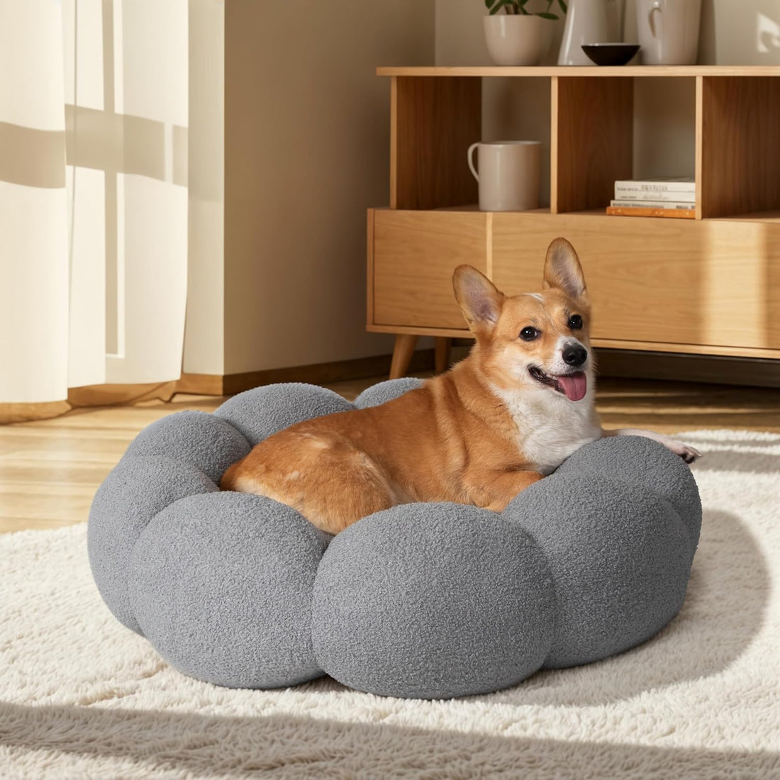 Pet Fluffy Flower Plush Donut Calming Round Bed