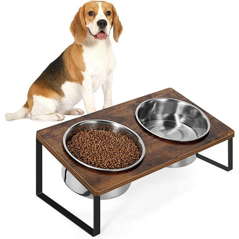 Pet Feeding Rack Iron Wood Combined Bowl Stand