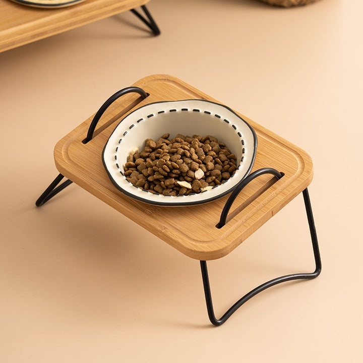 Pet Wooden Rack Ceramic Feeding Bowl Anti-Tumble Design