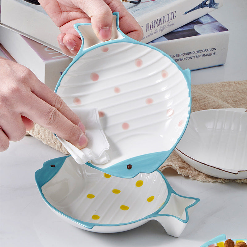 Fish-Shaped Ceramic Pet Food Feeding Bowl Plate Dish Set