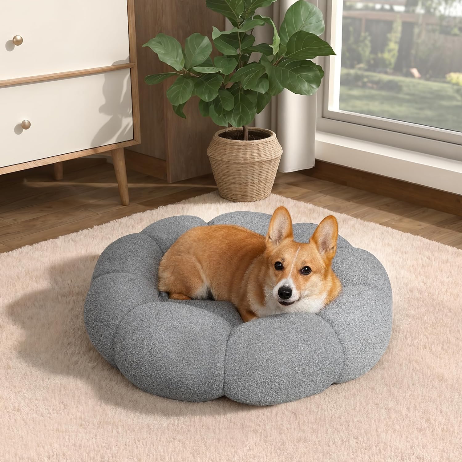 Pet Fluffy Flower Plush Donut Calming Round Bed