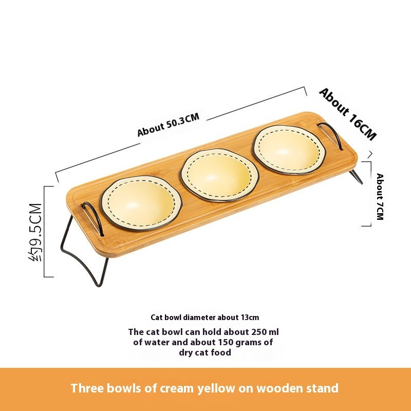 Pet Wooden Rack Ceramic Feeding Bowl Anti-Tumble Design