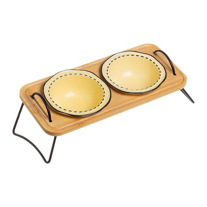 Pet Wooden Rack Ceramic Feeding Bowl Anti-Tumble Design