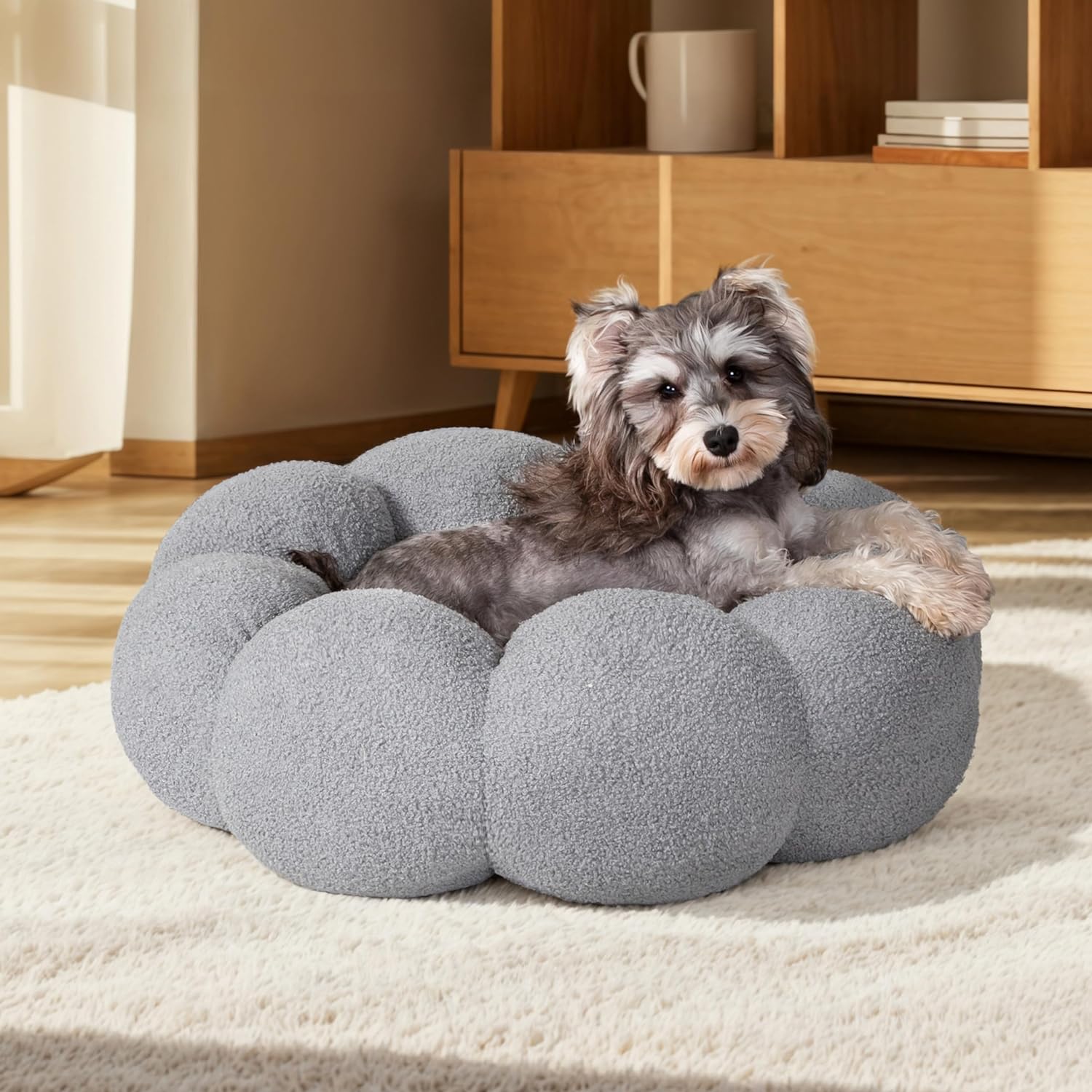 Pet Fluffy Flower Plush Donut Calming Round Bed
