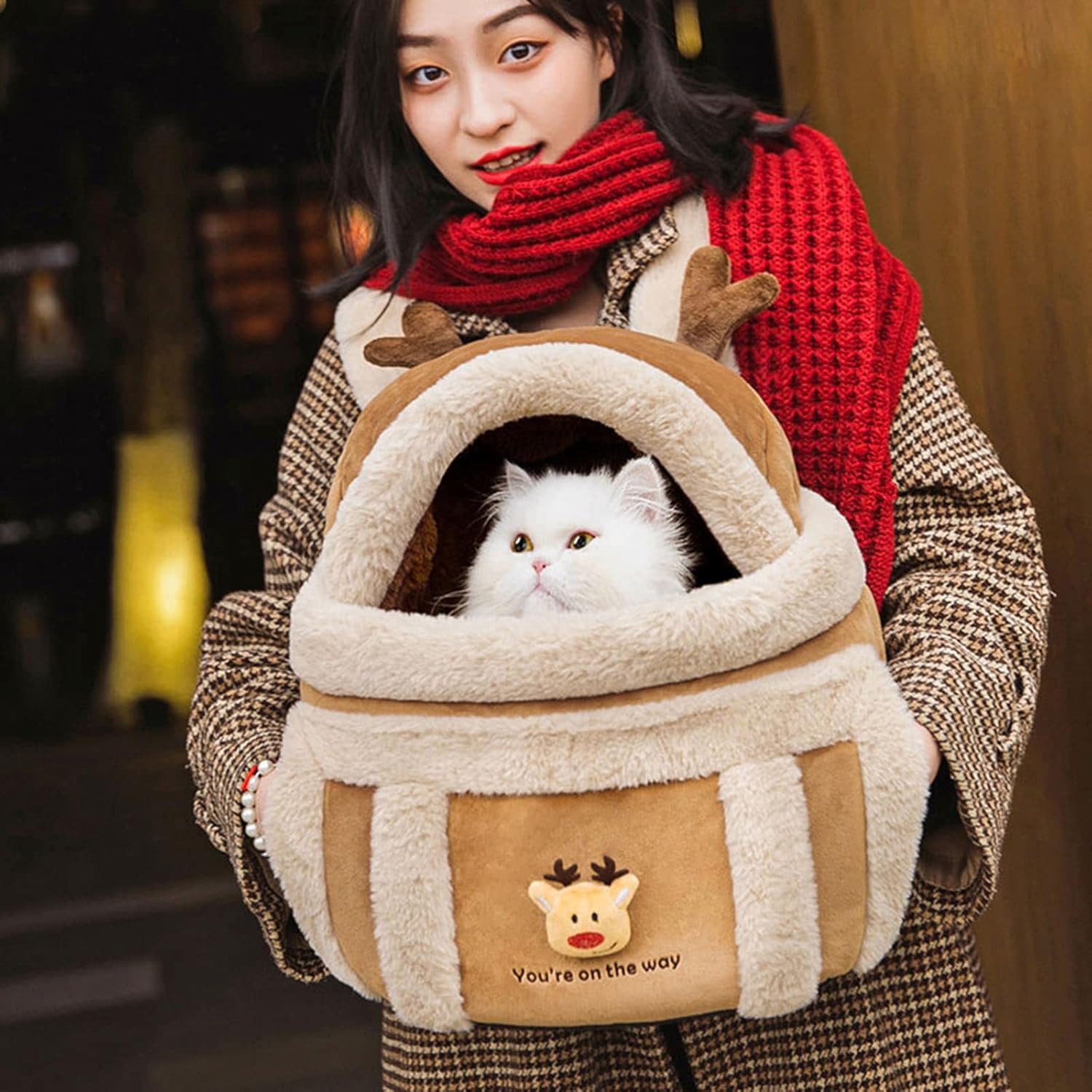 Plush Pet Carrier Backpack Winter Travel Bag With Hand Warmers