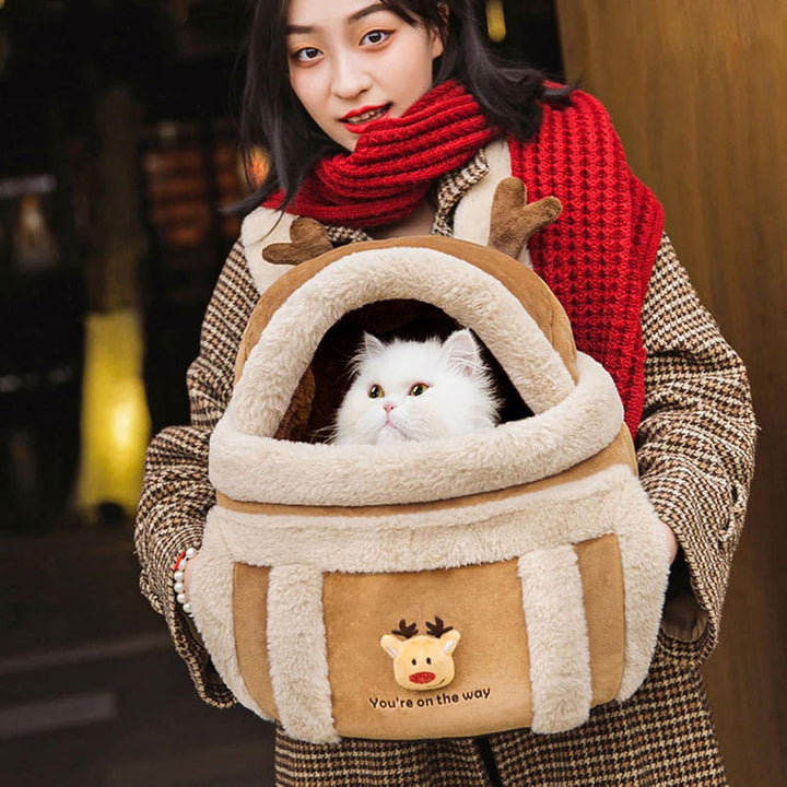 Plush Pet Carrier Backpack Winter Travel Bag With Hand Warmers