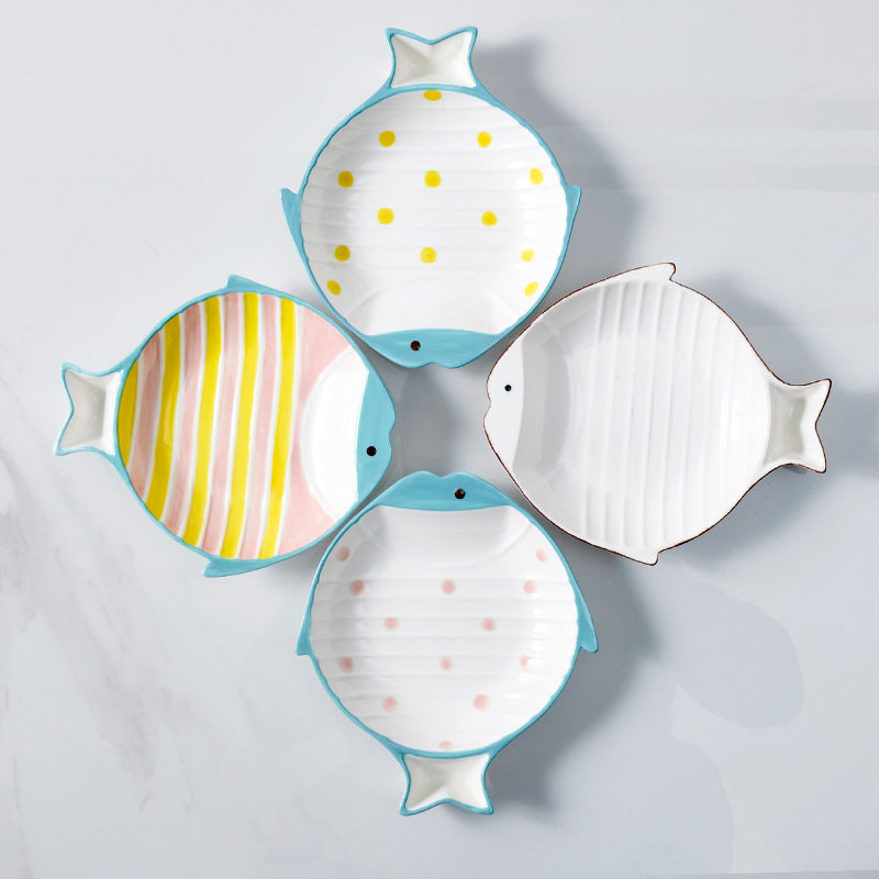 Fish-Shaped Ceramic Pet Food Feeding Bowl Plate Dish Set