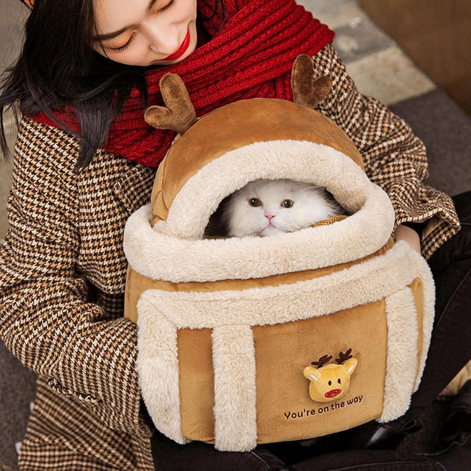 Plush Pet Carrier Backpack Winter Travel Bag With Hand Warmers