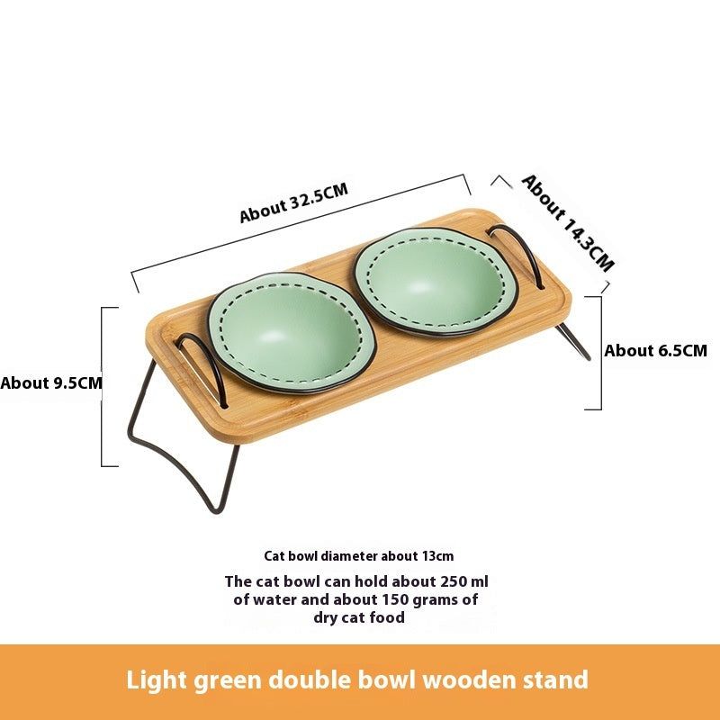 Pet Wooden Rack Ceramic Feeding Bowl Anti-Tumble Design