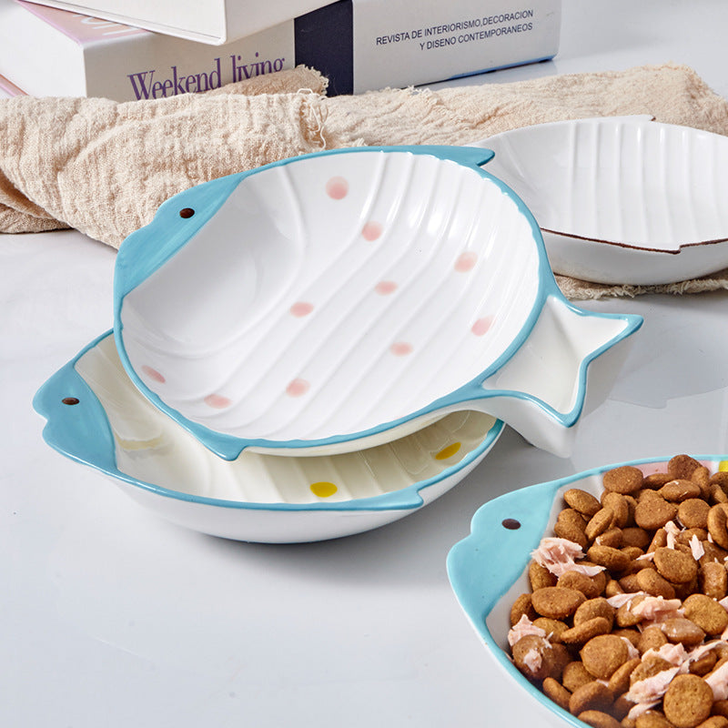 Fish-Shaped Ceramic Pet Food Feeding Bowl Plate Dish Set