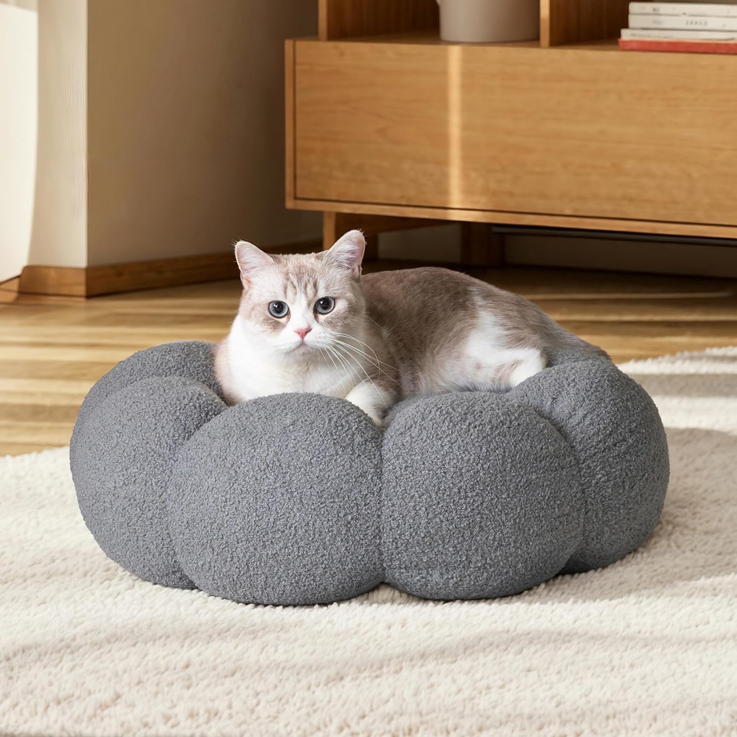 Pet Fluffy Flower Plush Donut Calming Round Bed