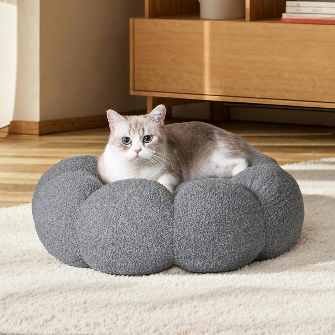 Pet Fluffy Flower Plush Donut Calming Round Bed